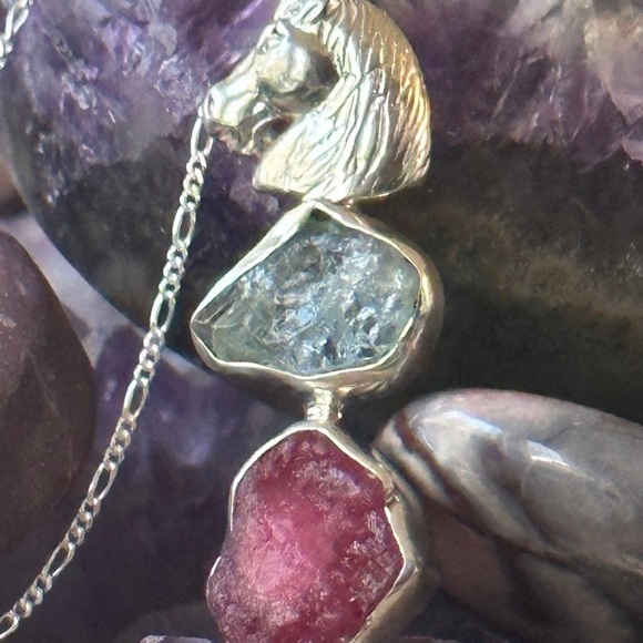 Magical unicorn ruby aquamarine long pendant with necklace - Picture 4 of 10